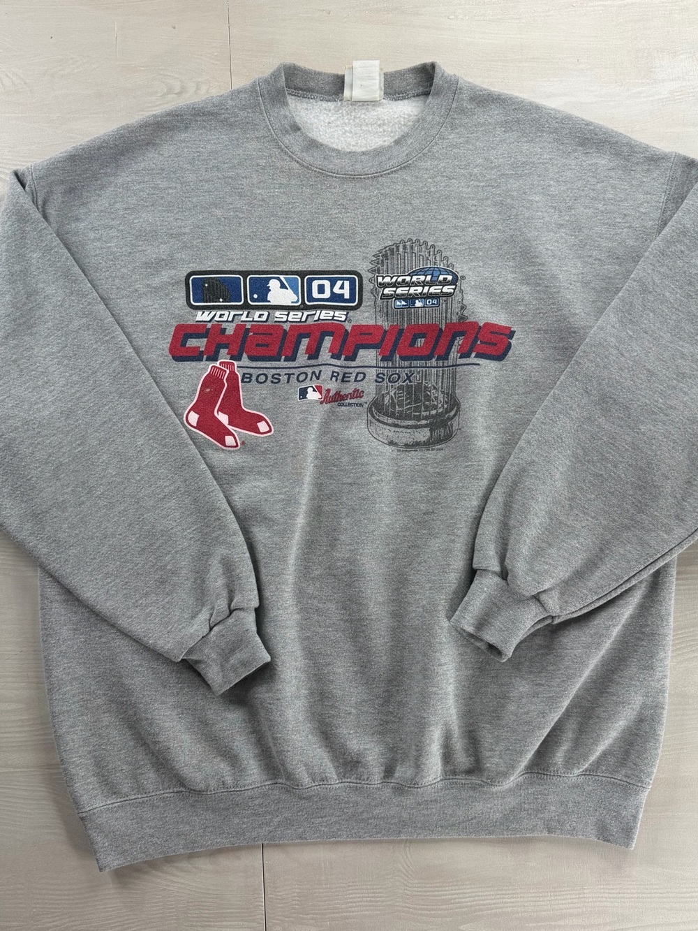 Lee Gray Crewneck Sweatshirt with Red and Navy Boston Graphics
